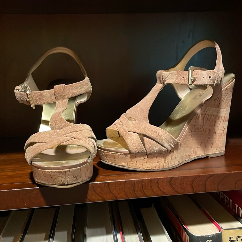 Michael Kors tan suede cork wedge sandals